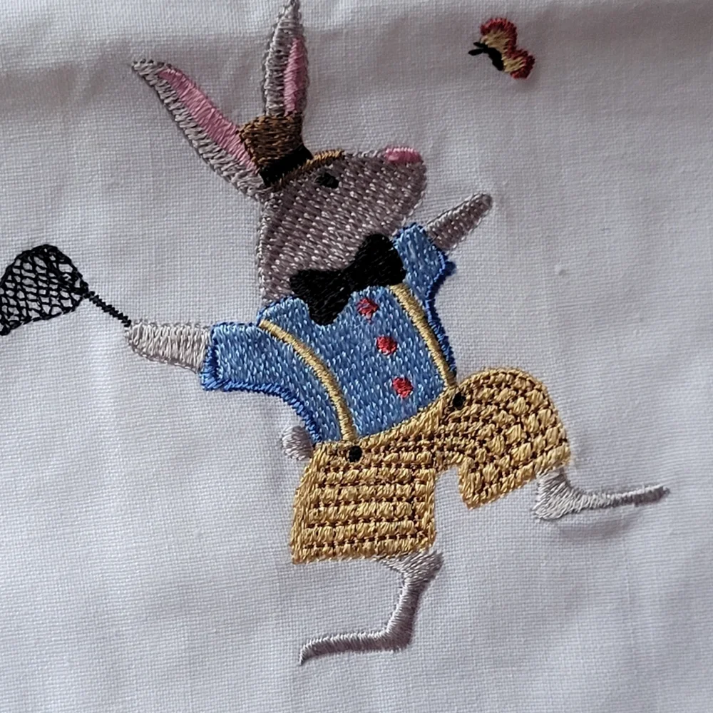 Embroidered Bunny Cotton Tea Towel Butterfly Easter Cute! FINAL PRICE!